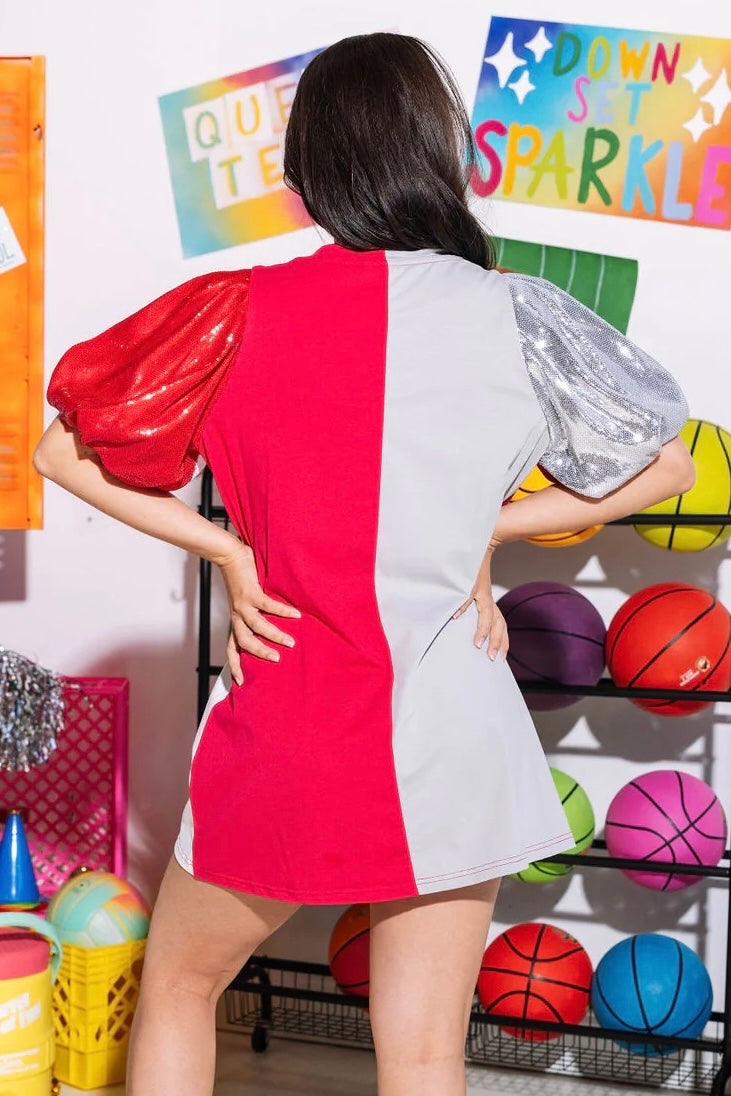 Puff Sleeve Color Block Dress - Red/White