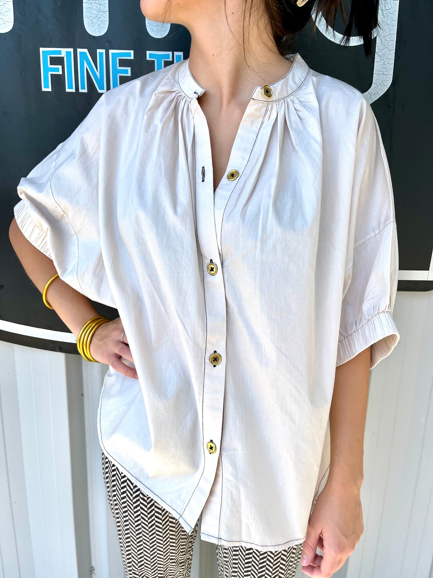 Elastic Sleeve Top - Cream W/ Black Thread