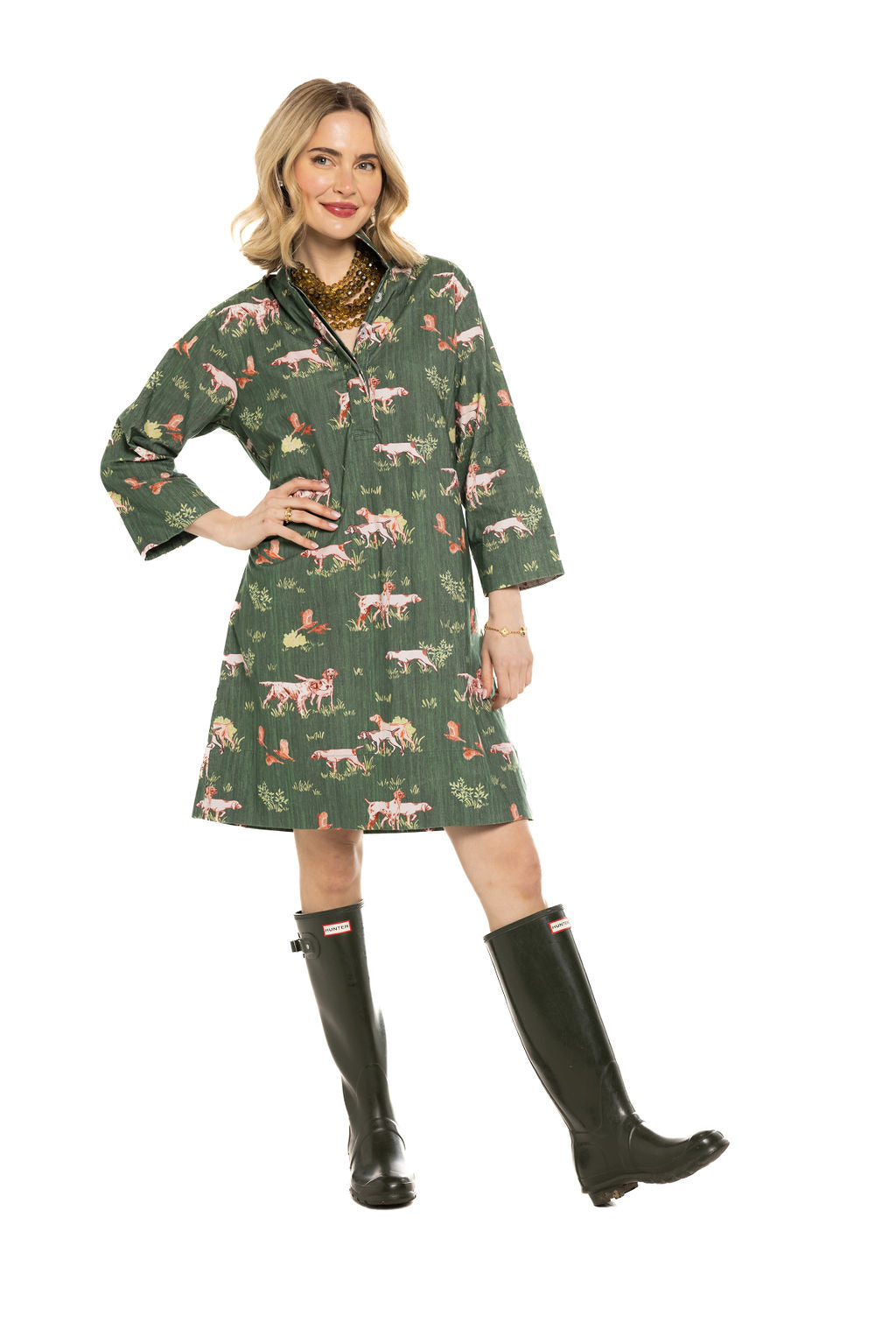 Arden Dress-‘Dogs on the Hunt’ Cord Dress-Green