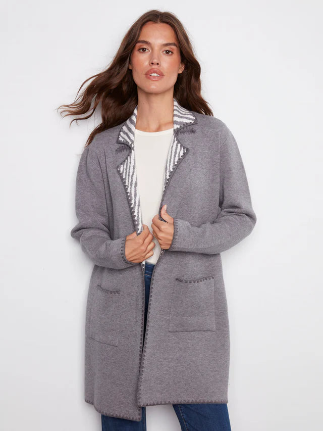 Blanket Stitch Long Cardigan - Heather Grey