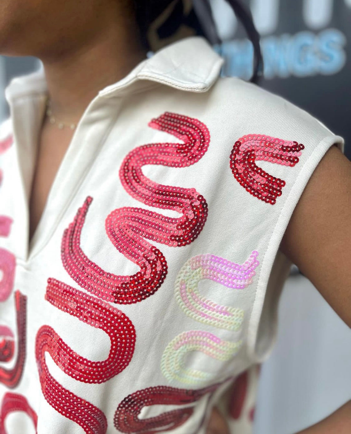 Sequin Squiggle Tank - Crimson/Beige