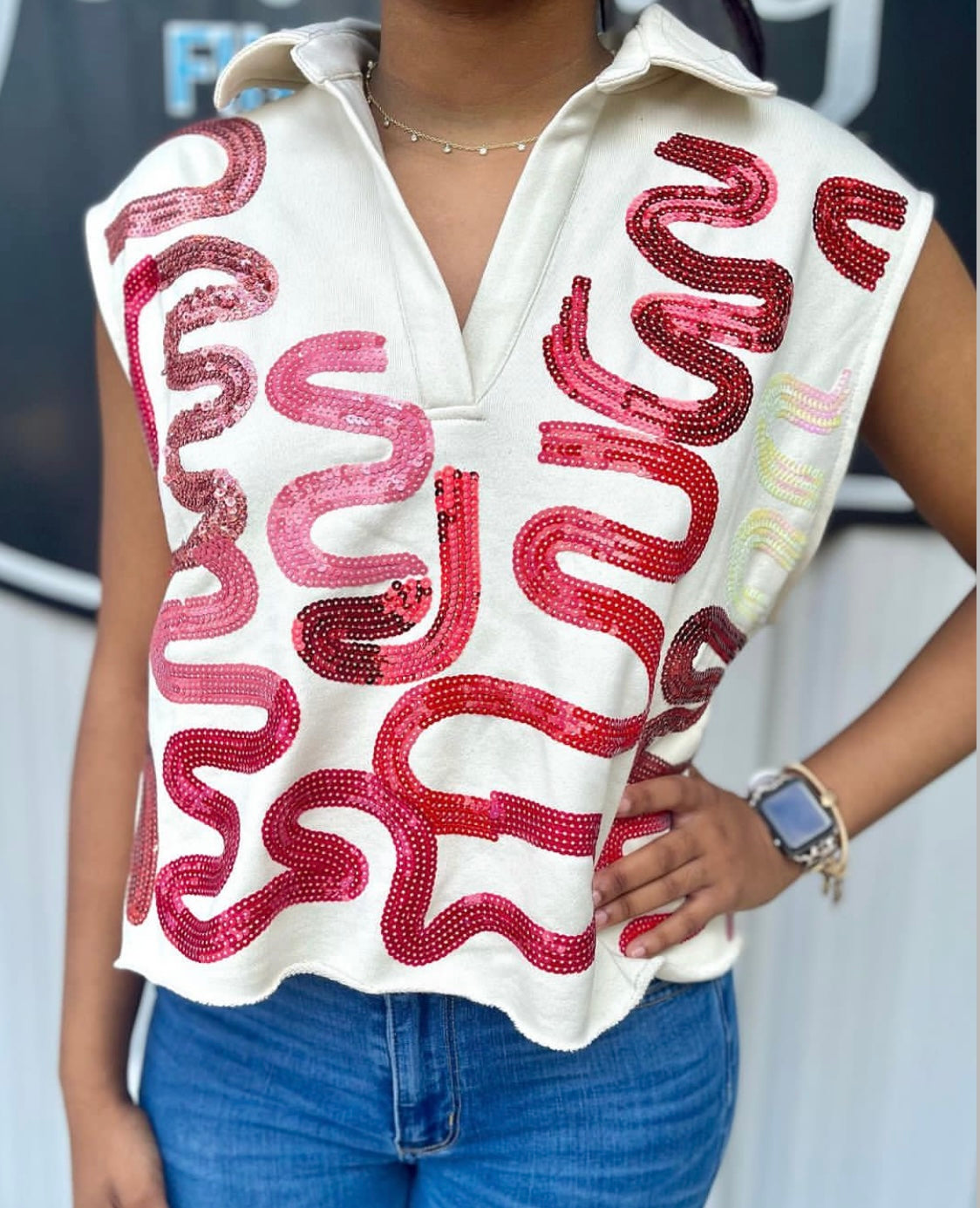 Sequin Squiggle Tank - Crimson/Beige