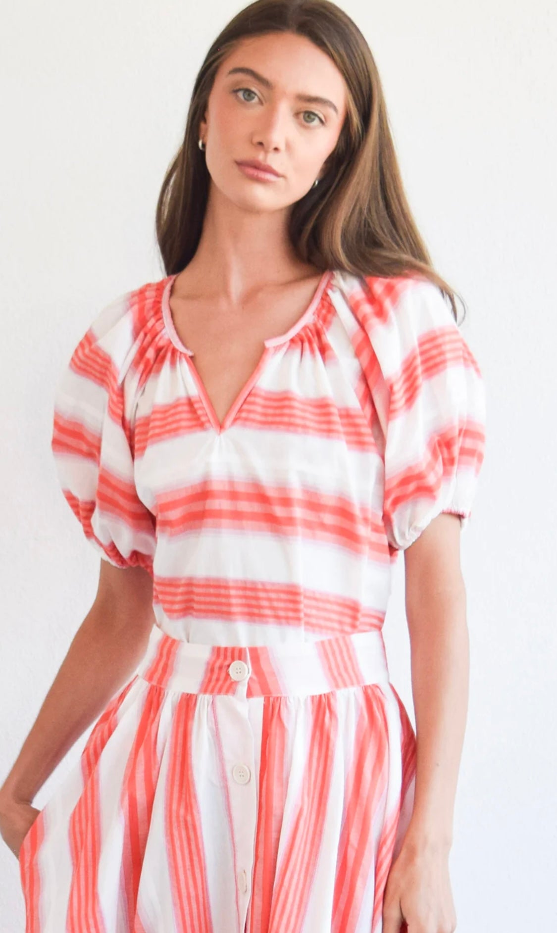 Gathered V Neck Top - Pink & Orange Stripe