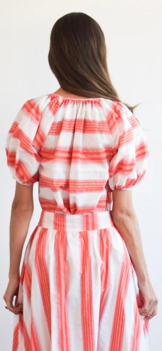 Gathered V Neck Top - Pink & Orange Stripe