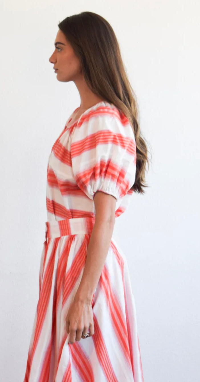 Gathered V Neck Top - Pink & Orange Stripe