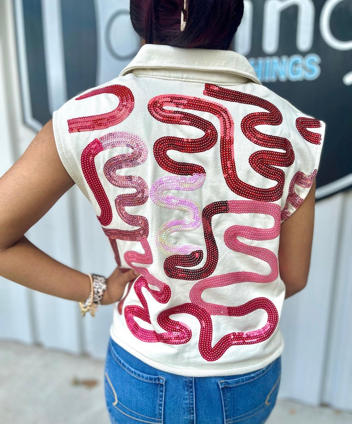 Sequin Squiggle Tank - Crimson/Beige