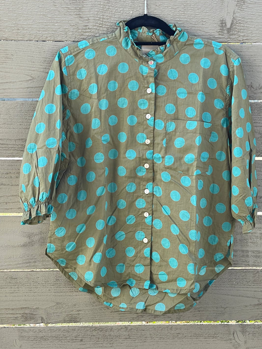 Good Girlfriend Shirt Short Sleeve with Ruffle Trim True Dot Olive/Cerulean