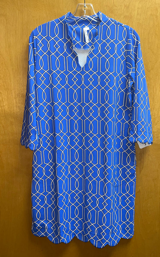 Scallop V-Neck Long Sleeve Dress-Blue/White