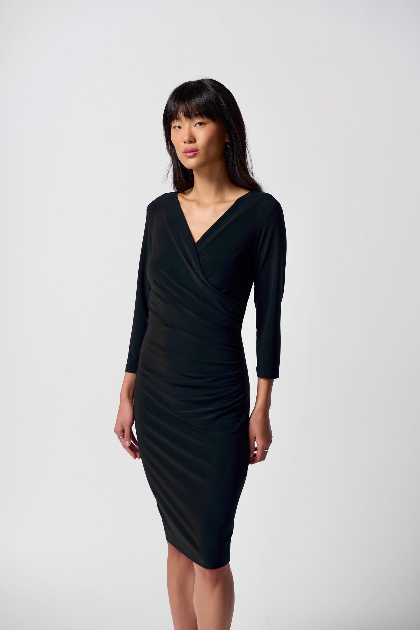 Three-Quarter Sleeve Wrap Dress - Black