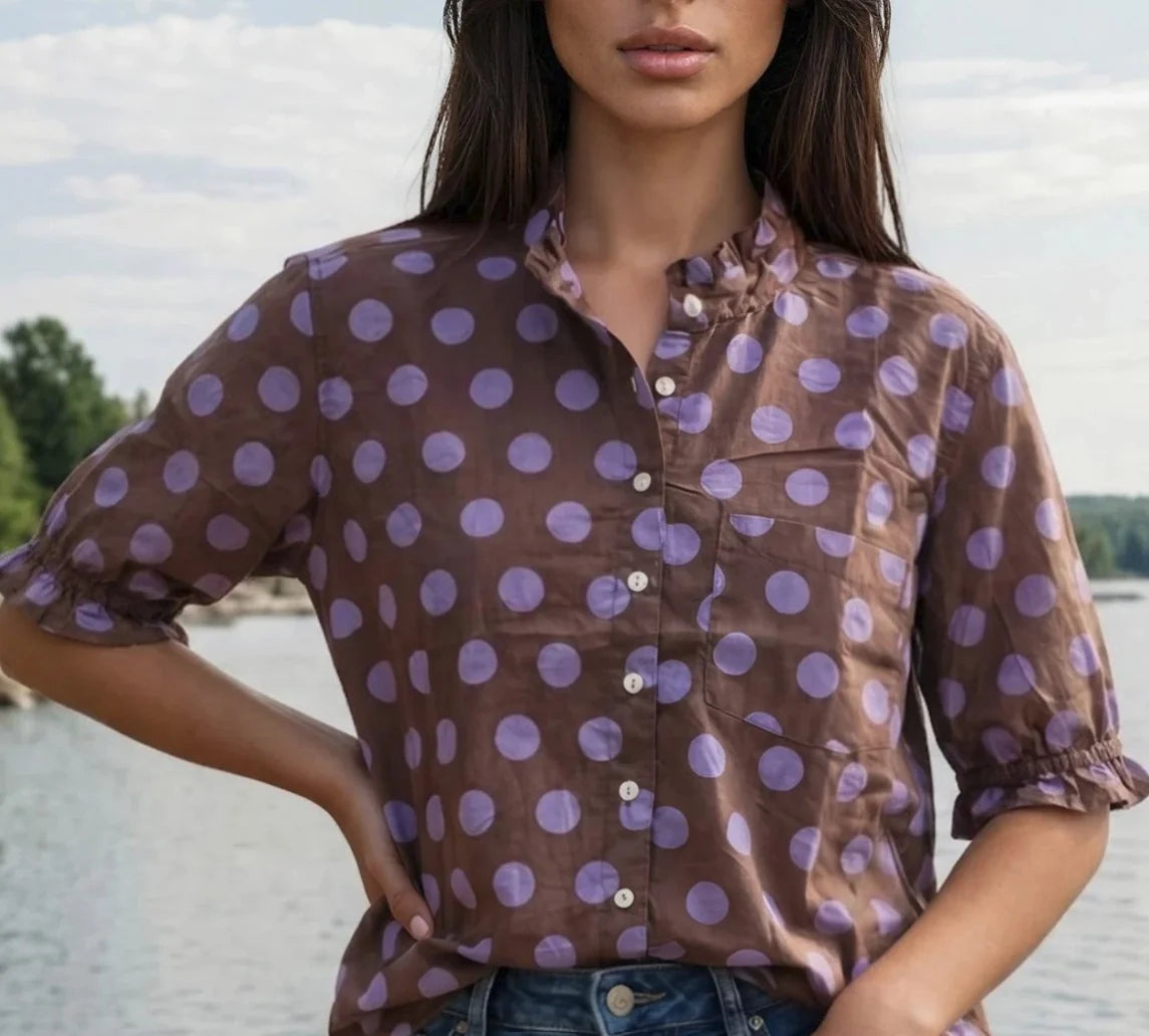 Good Girlfriend Shirt short sleeve with Ruffle trim- True Dot Cocoa Lavender