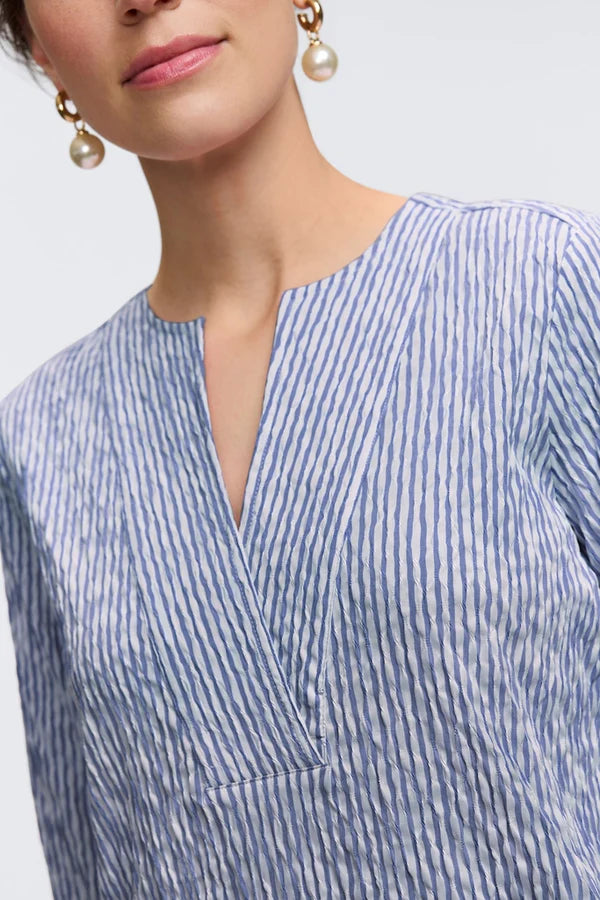 Alicia Crinkle Jacquard 3/4 Sleeve Dress-Blue/White