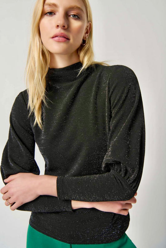 Lurex Knit Puff Sleeve Top - Black