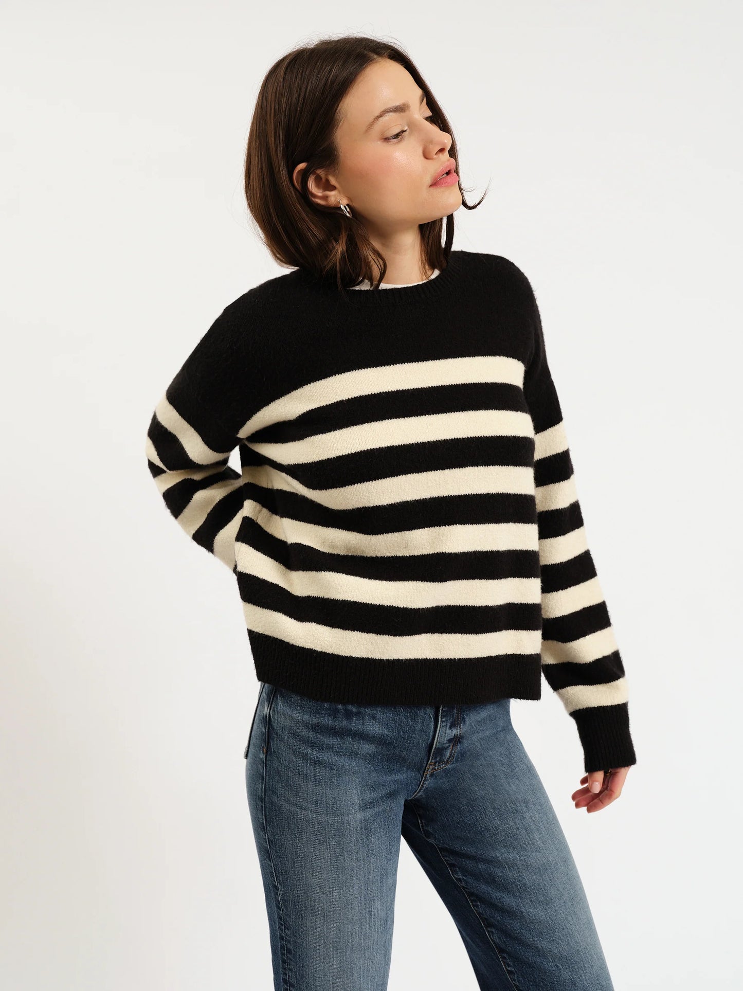 CARLYLE CREWNECK SWEATER-BLACK/IVORY STRIPE