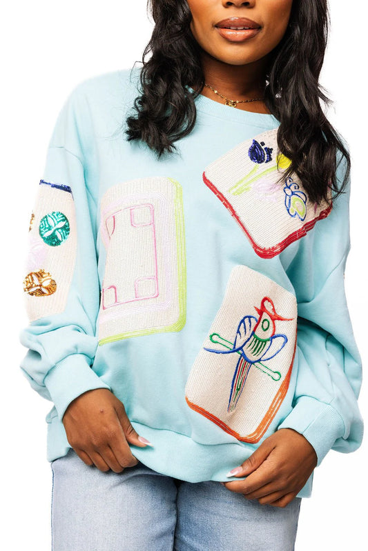 Scattered Mahjong Tile Sweatshirt-Aqua