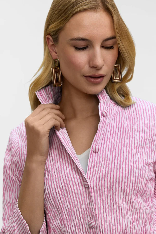 Carolina Crinkle Jacquard 3/4 Sleeve Shirt Jacket-Pink/White
