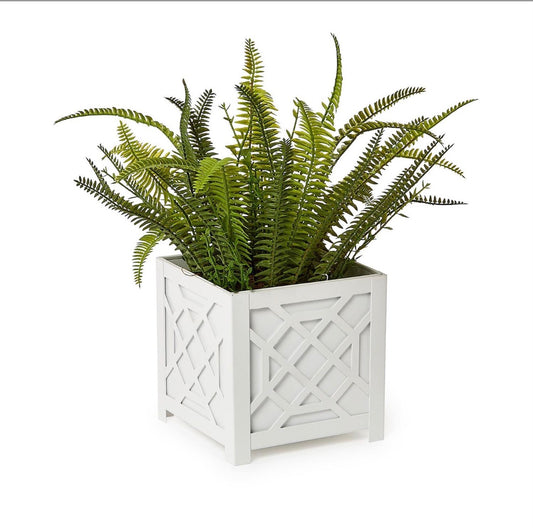 Laser Fretwork Square Metal Planter-8” White