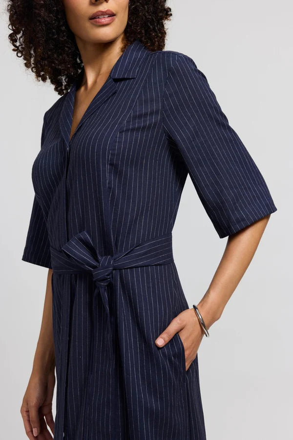 Aniston Pinstripe Linen Short Sleeve Dress-Navy