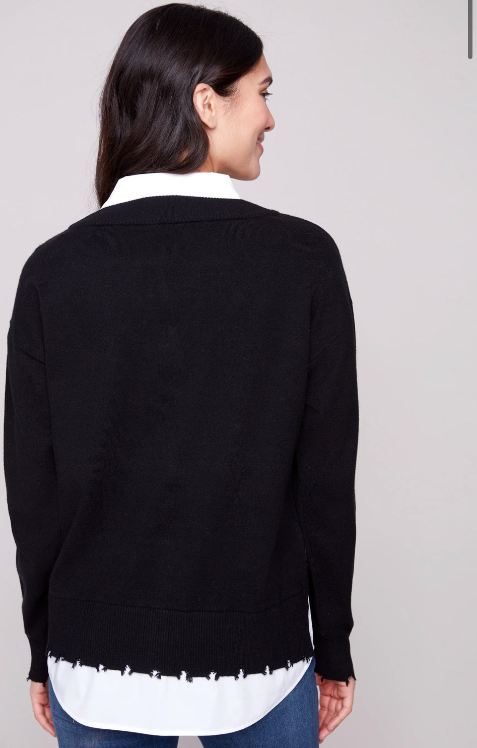 V-Neck Fooler Sweater With Shirt Collar-Black