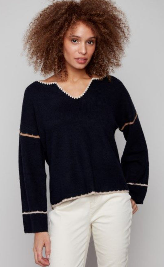 Notched Embroidered Sweater-Navy
