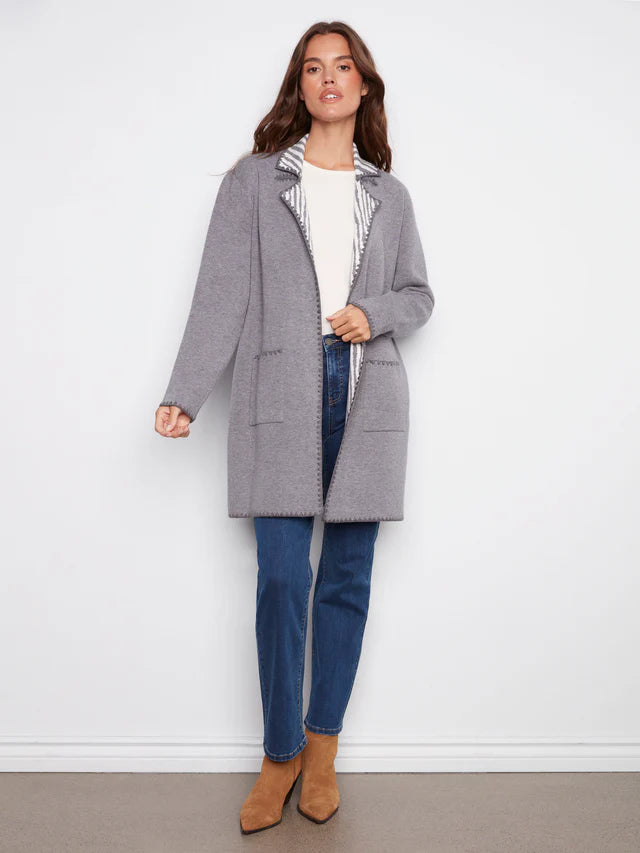 Blanket Stitch Long Cardigan - Heather Grey