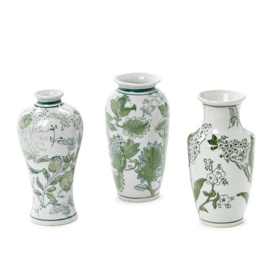 PRIMROSE AND LOTUS HAND-PAINTED GREEN AND WHITE CHINOISERIE VASES-Set of three
