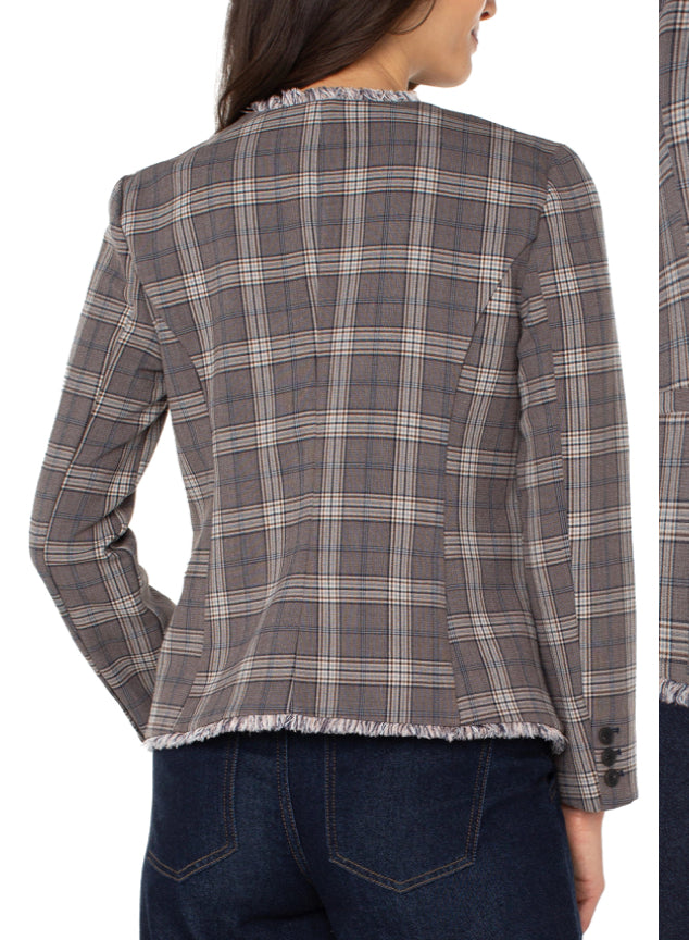 Collarless Fitted Blazer w Fray-Brown/Navy Check