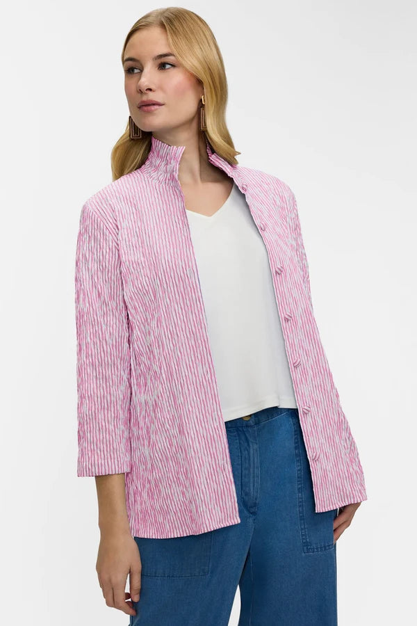 Carolina Crinkle Jacquard 3/4 Sleeve Shirt Jacket-Pink/White