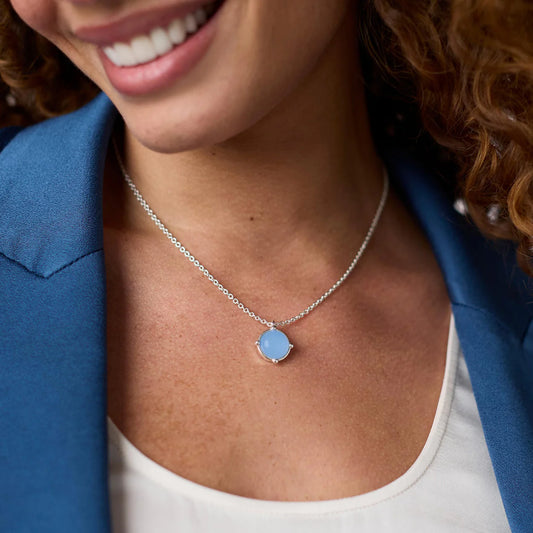 Honeybee Solitaire Necklace-Silver & Iridescent Chalcedony Blue