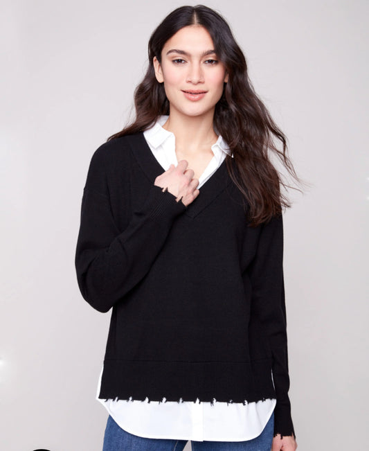 V-Neck Fooler Sweater With Shirt Collar-Black