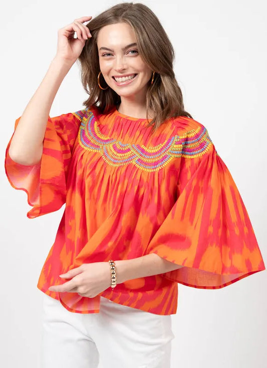 Ikat Multi Stitch Top - Orange