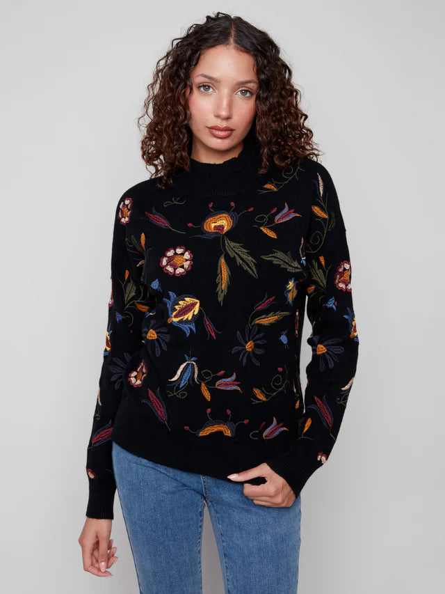 Embroidered Mock Neck Sweater - Black