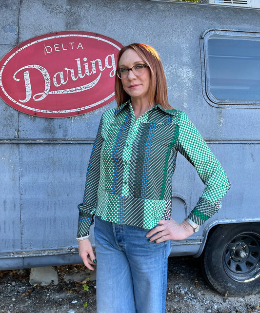 Stripe Print Button Down Top-Green Multi