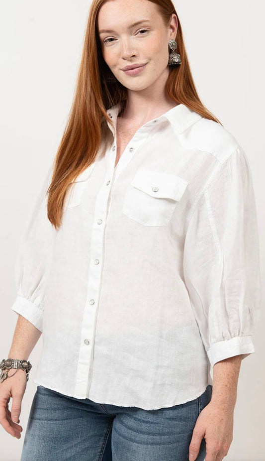 Snap Front Linen Shirt - White