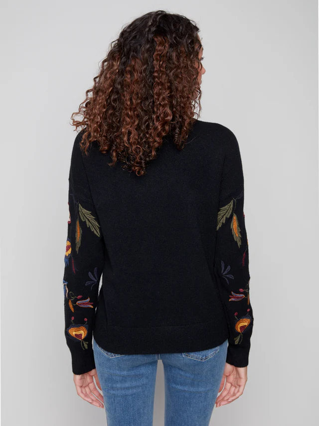 Embroidered Mock Neck Sweater - Black
