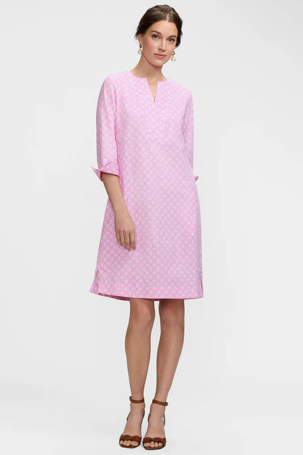Vena Geo Lattice 3/4 Sleeve Dress-Pink/White