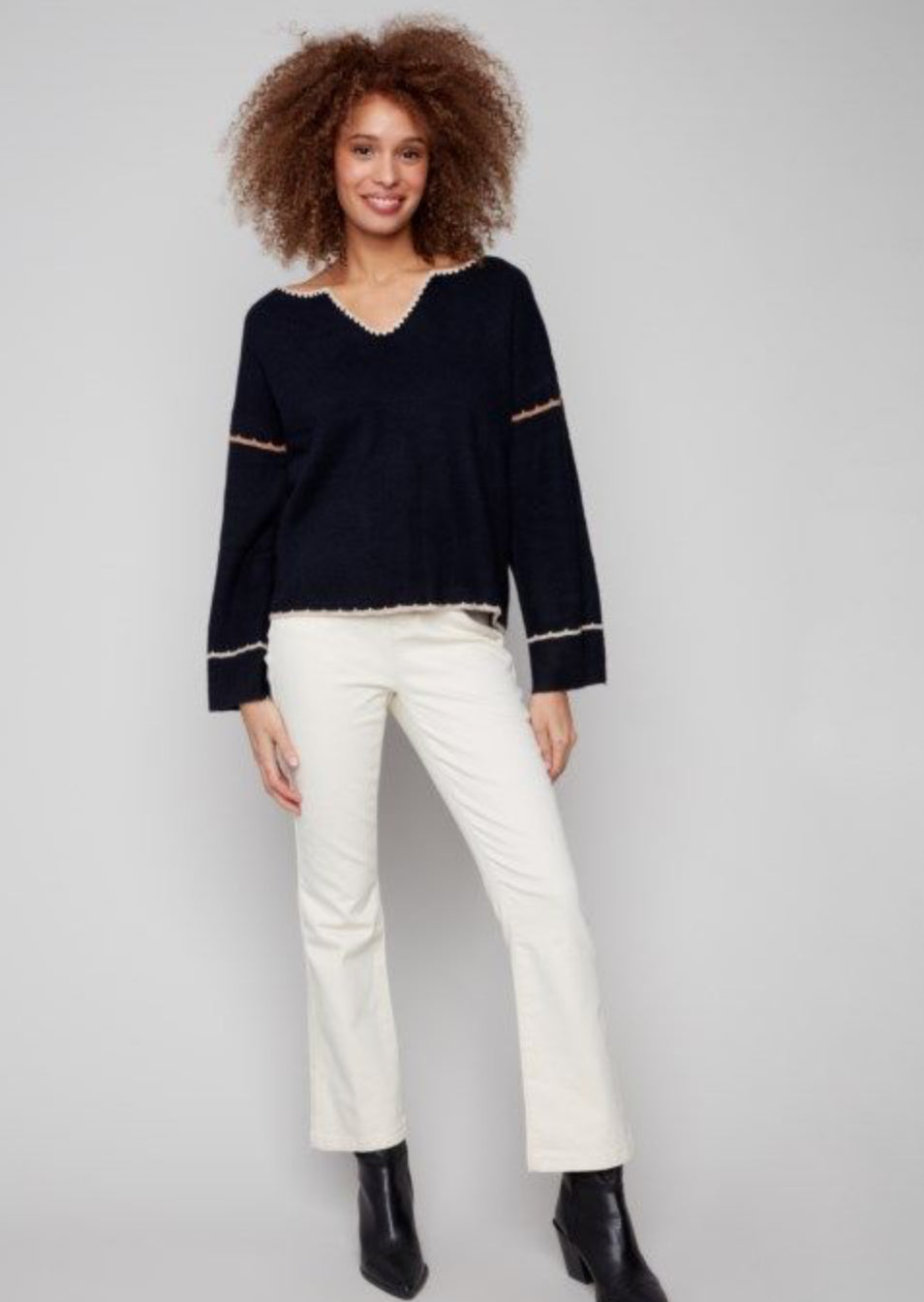 Notched Embroidered Sweater-Navy