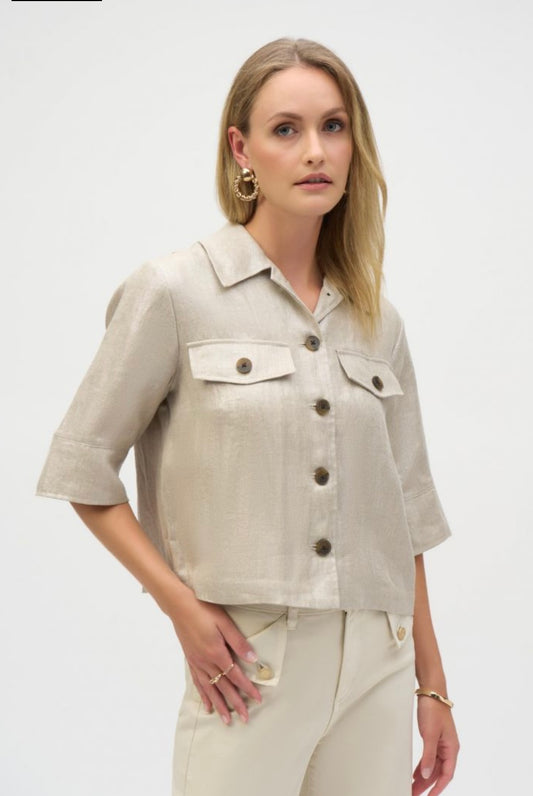 Foiled Linen Blend Short Sleeve Boxy Jacket Style