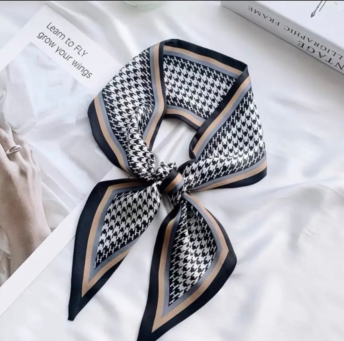 Vintage Houndstooth Long Satin Scarf