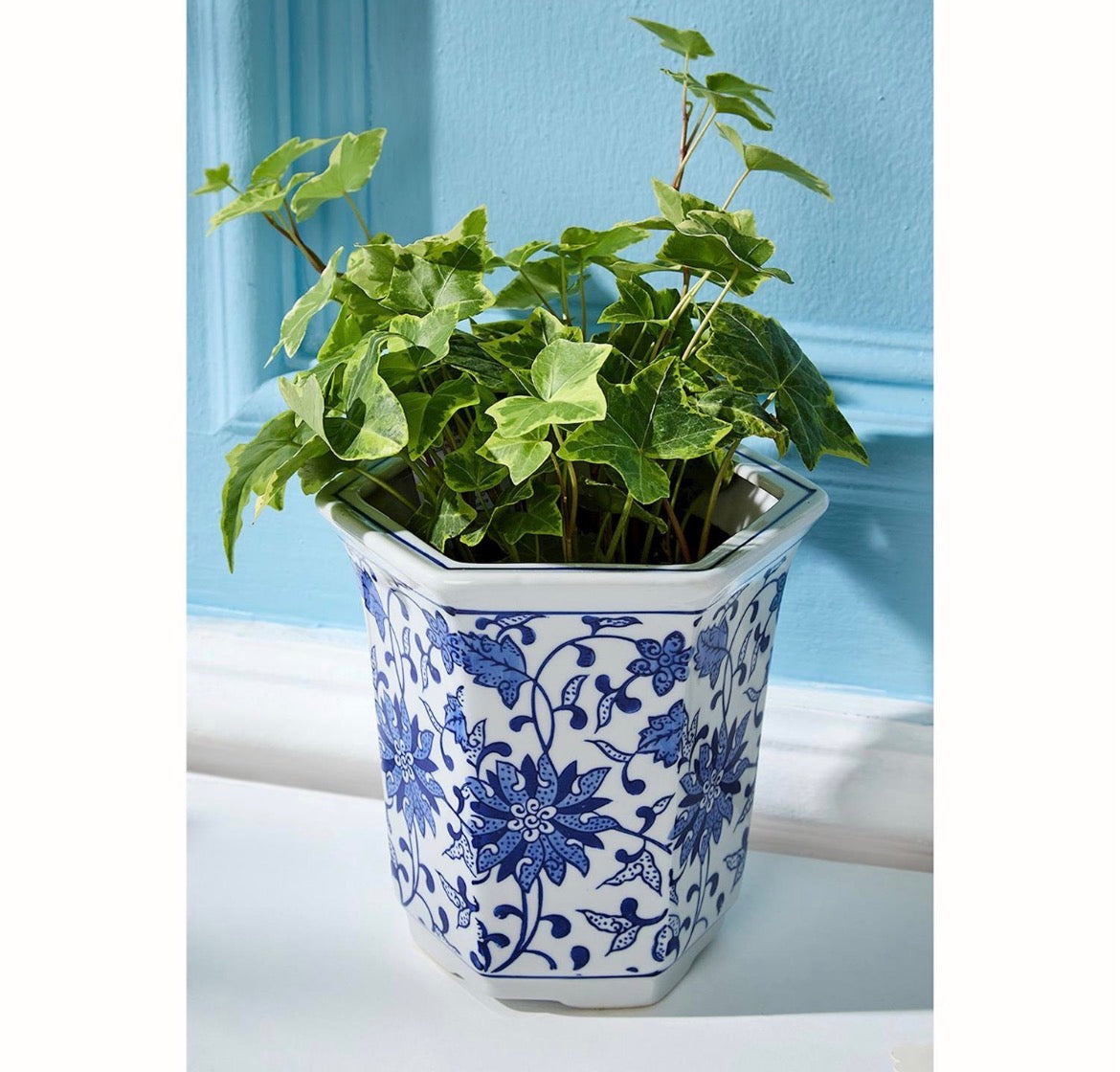 Blue and White Hexagon Cachepot Vase