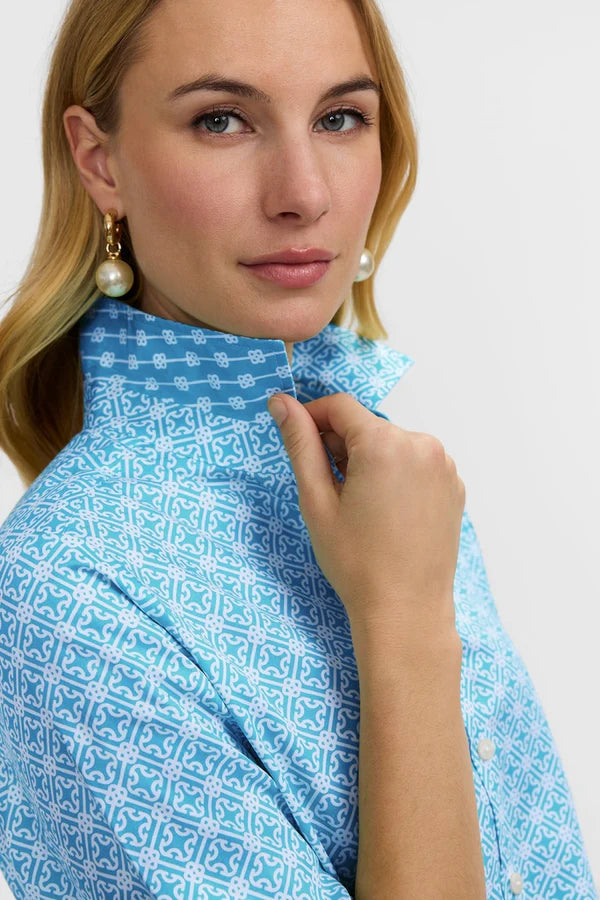 Margie 3/4 Sleeve Shirt-Aqua/White Geo Lattice