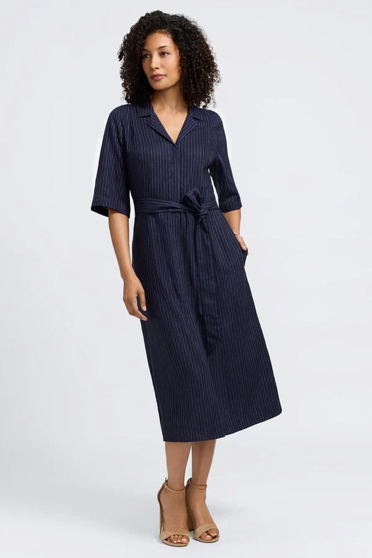 Aniston Pinstripe Linen Short Sleeve Dress-Navy