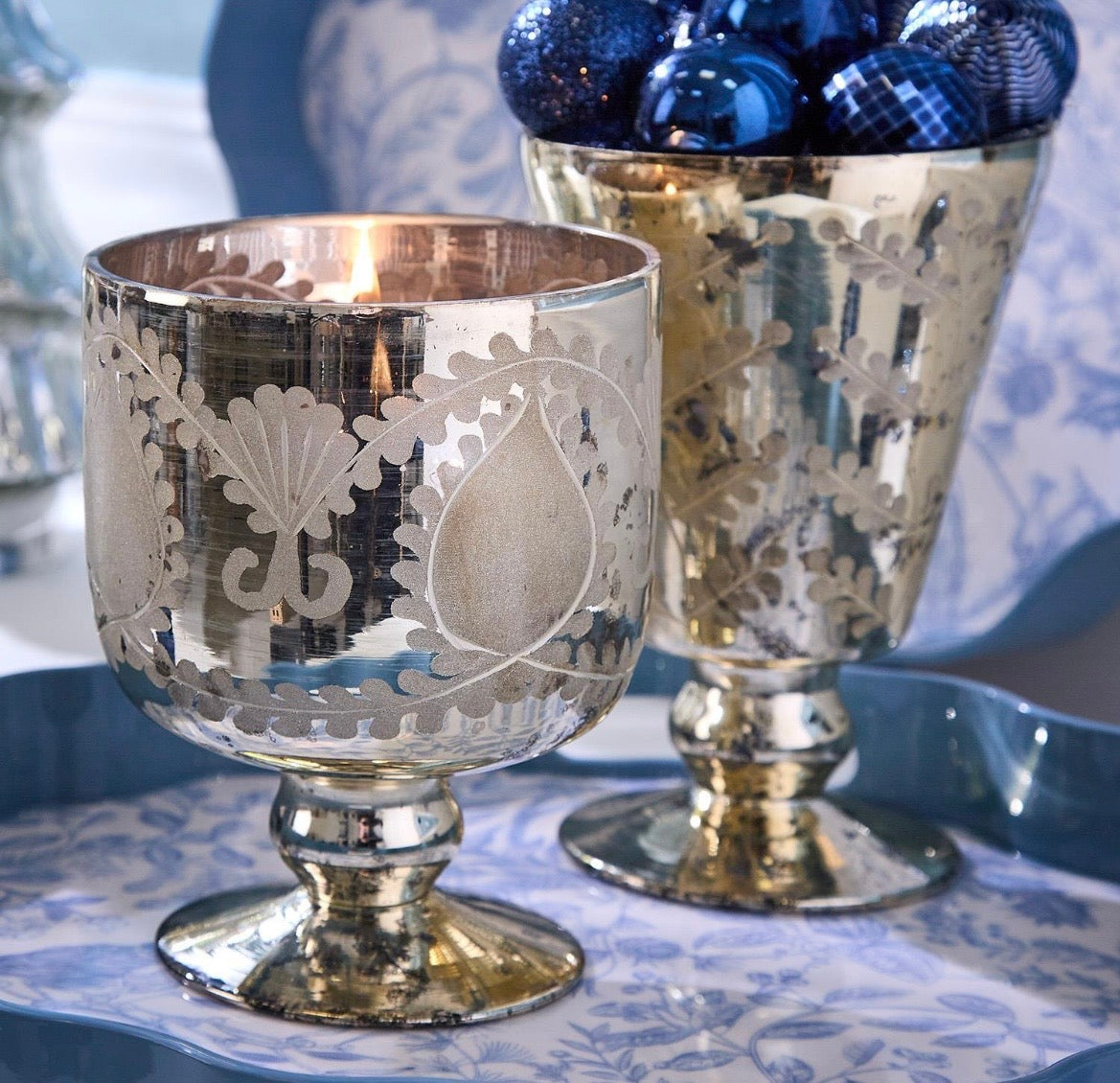 ETCHED MERCURY GLASS CANDLEHOLDER / CACHEPOT ASSORTED 2 STYLES