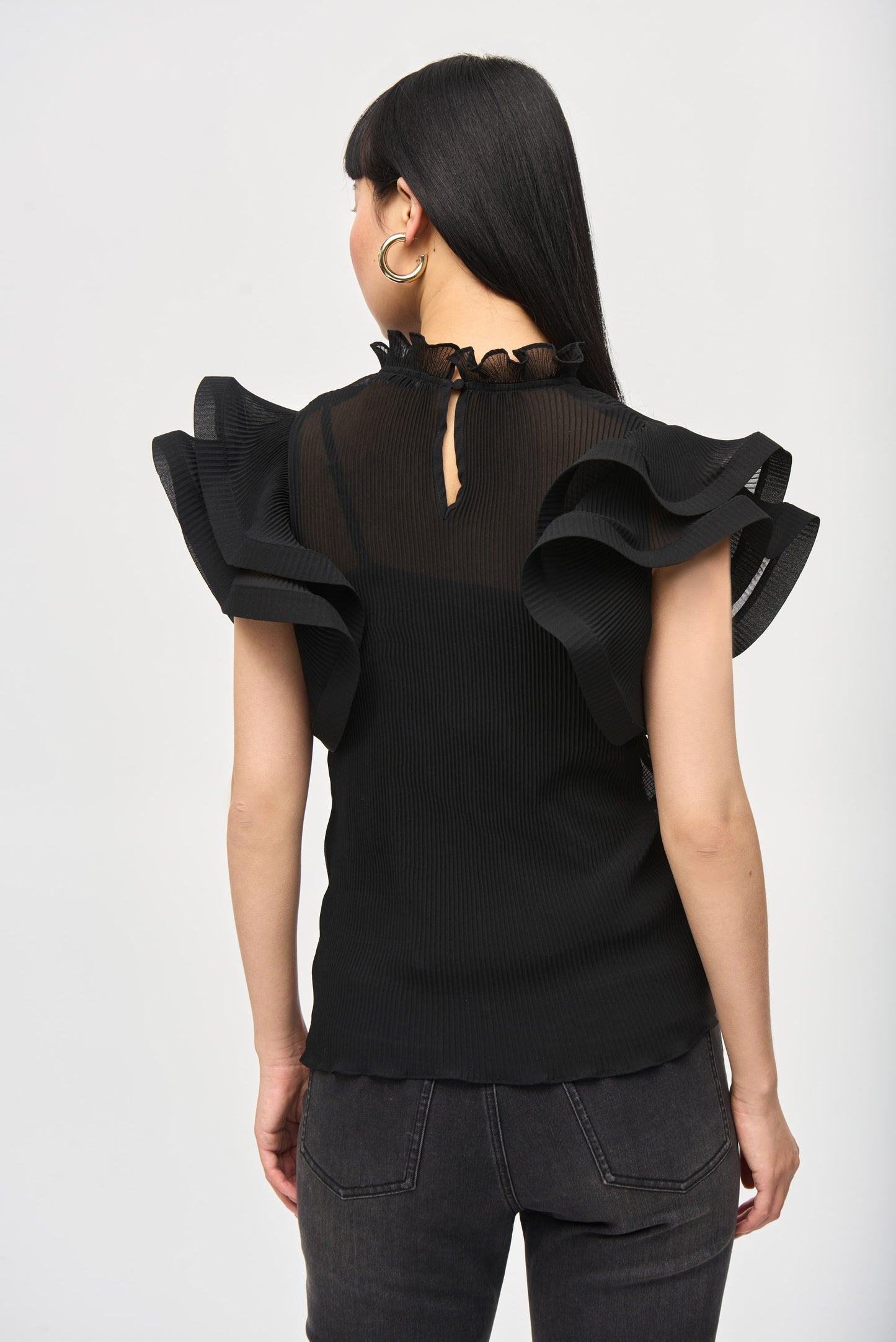 Chiffon Pleated Top With Ruffled Sleeves - Black