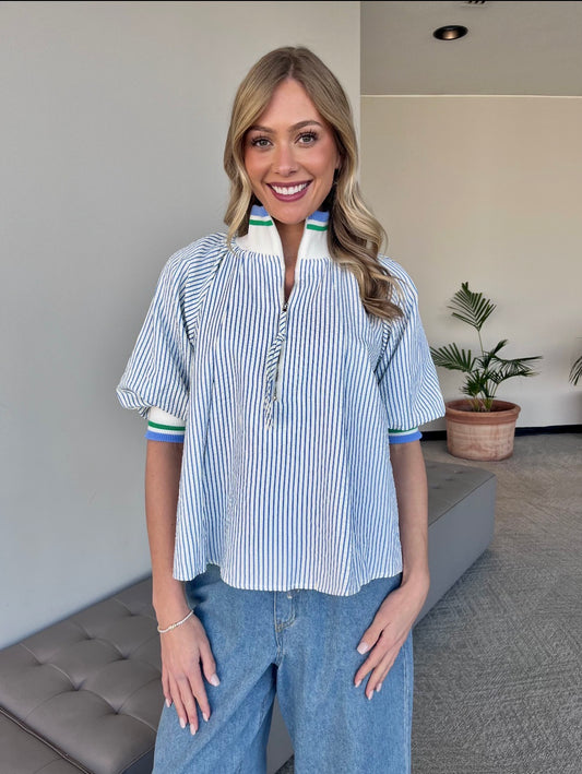 The Lila Chambray Stripe Zip Sucker Top-Blue/White