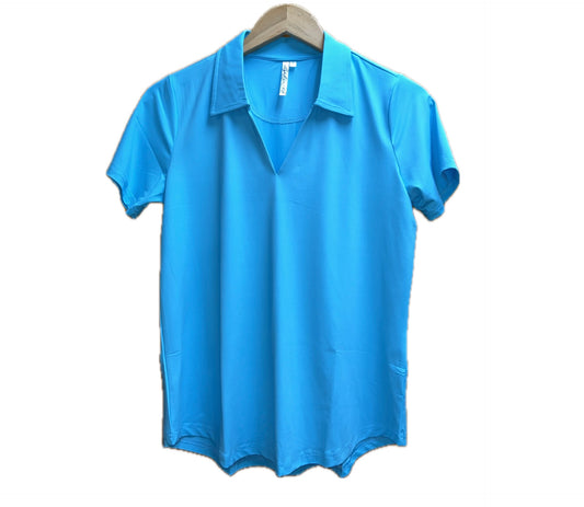 Short Sleeve Collar Top-Clear Turquoise