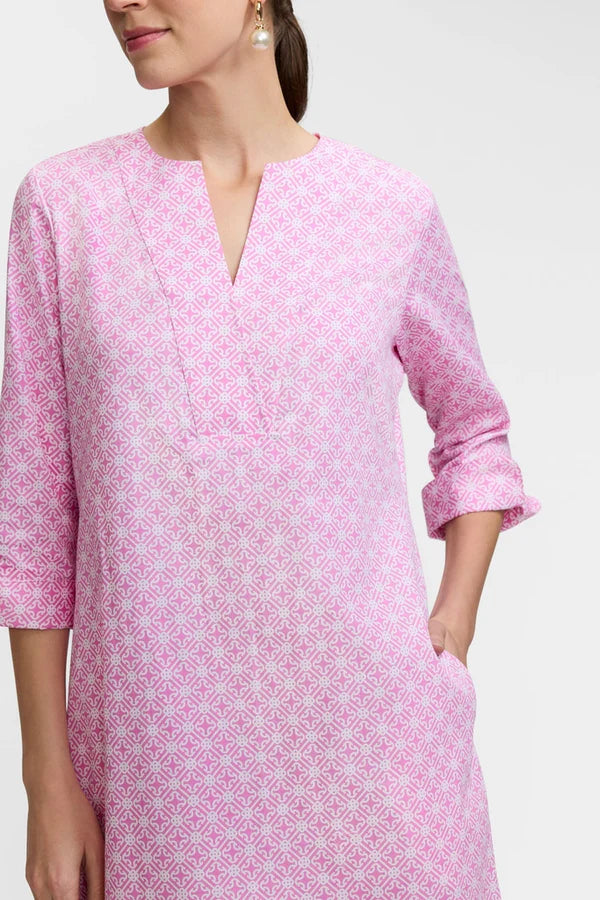 Vena Geo Lattice 3/4 Sleeve Dress-Pink/White