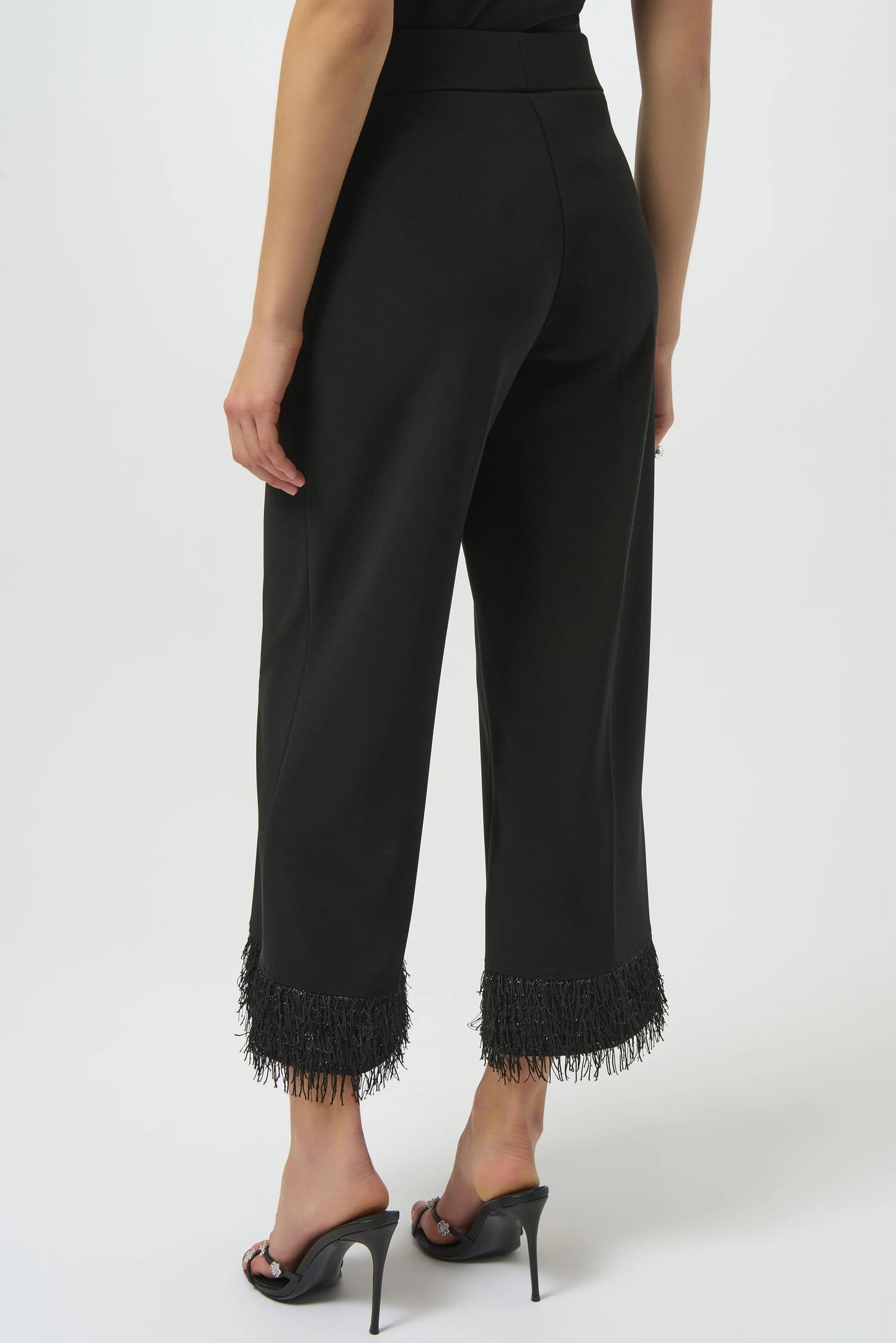 Silky Knit Culotte with Fringe Hem-Black