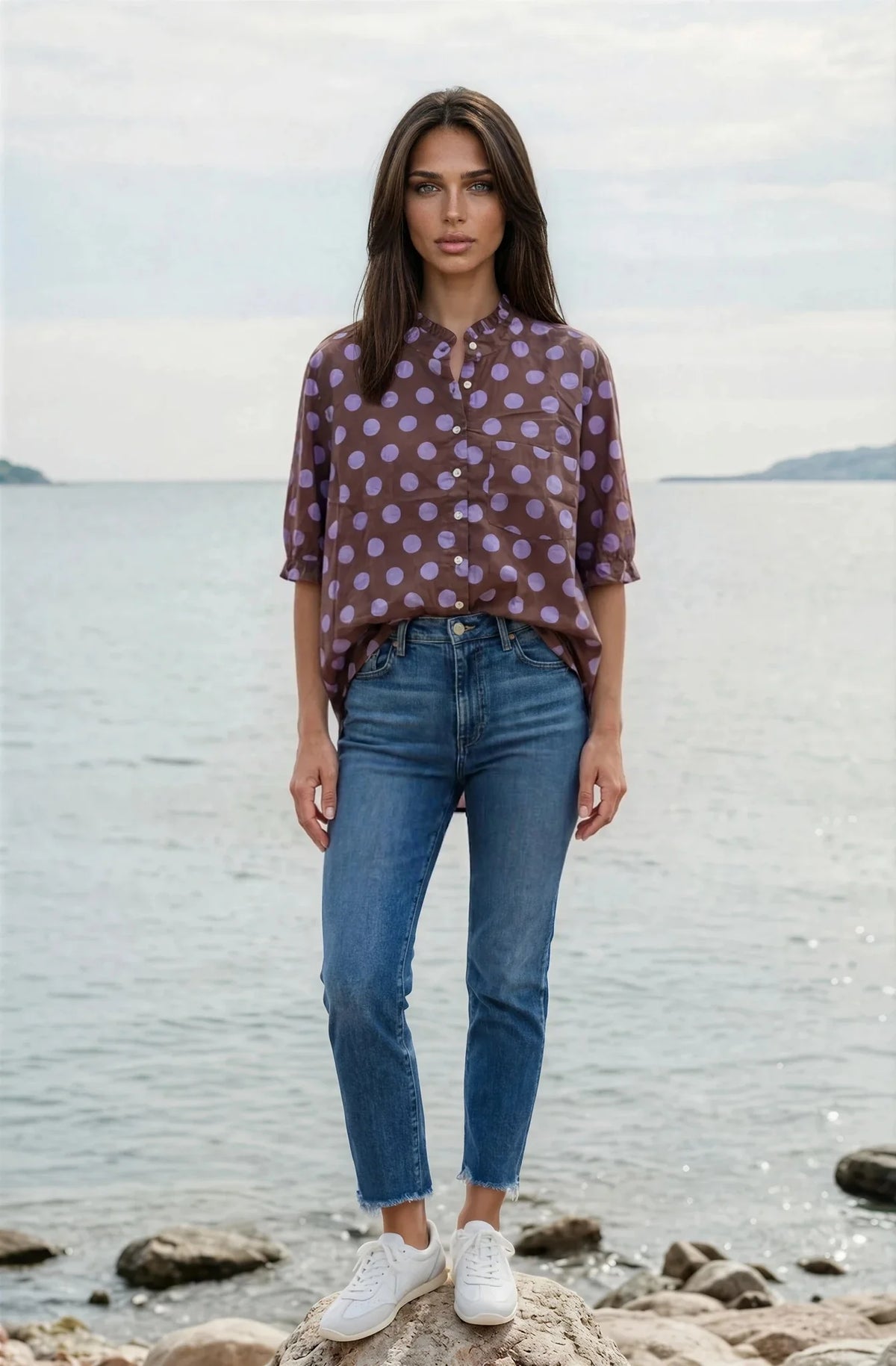 Good Girlfriend Shirt short sleeve with Ruffle trim- True Dot Cocoa Lavender