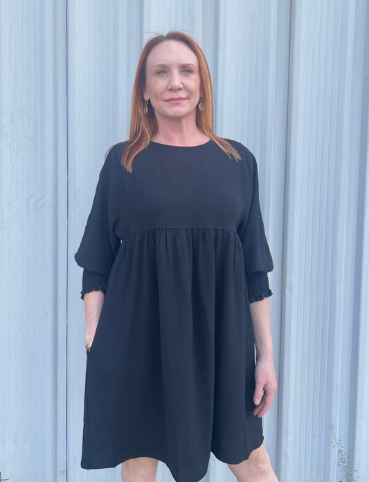 Shirred Sleeve Dress-Black