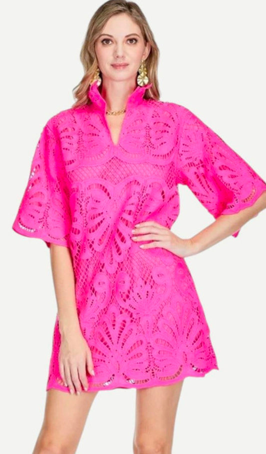 High Neck Tunic Dress-Pink Lace